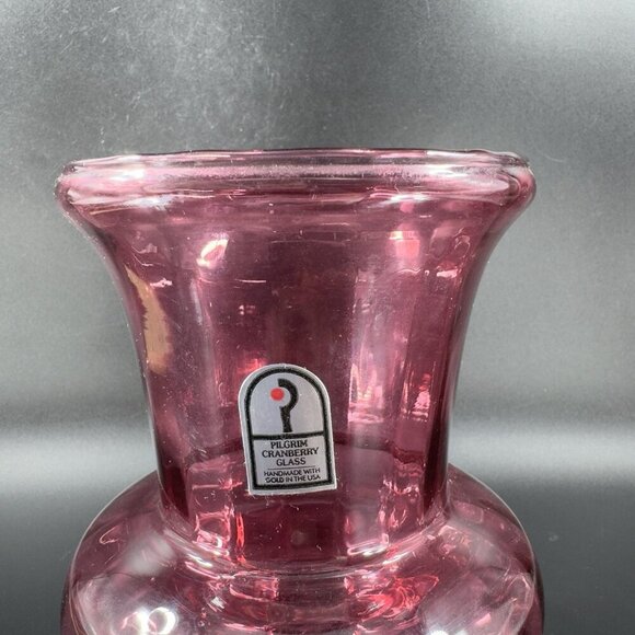 Vintage Pilgrim Cranberry Glass Vase Footed Hurricane Vase Made With Gold USA - Picture 5 of 12